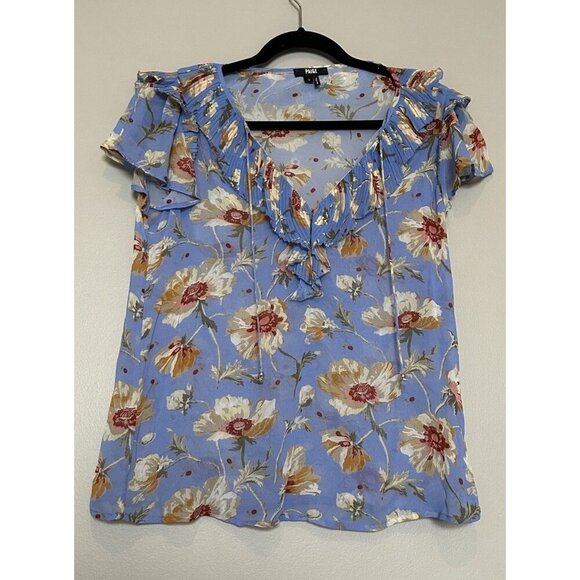 SILK Paige Women's Blue Floral Ruffle Sheer Blouse Top Size Small Flutter Sleeve - Picture 2 of 10